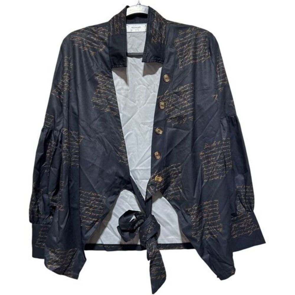 Halfheart Women's Printed Collared‎ Long Sleeve Button Up Wrap Shirt Black Large